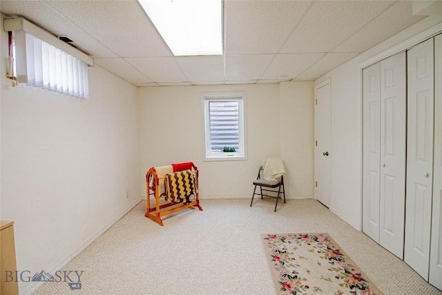 living area with carpet, baseboards, and a paneled ceiling