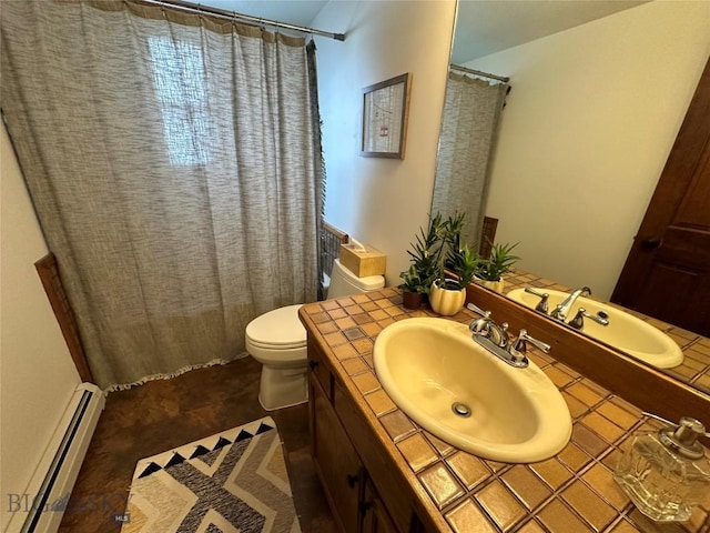 bathroom featuring baseboard heating, curtained shower, toilet, and vanity