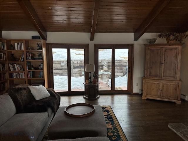 living room with dark wood-type flooring, lofted ceiling with beams, wood ceiling, and baseboard heating