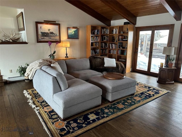 living area with lofted ceiling with beams, a baseboard heating unit, wood-type flooring, and wood ceiling