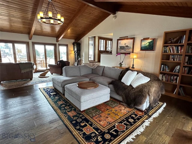 living area featuring a notable chandelier, wooden ceiling, vaulted ceiling with beams, and hardwood / wood-style flooring