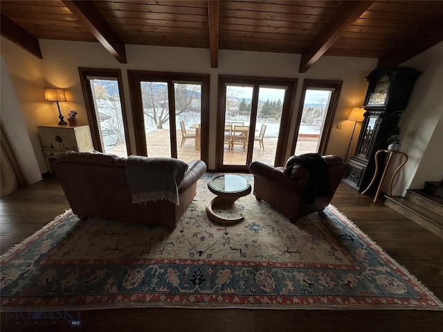 living room featuring wood finished floors, wood ceiling, and beam ceiling