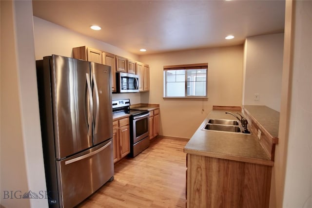 kitchen with baseboards, light wood-style flooring, recessed lighting, a sink, and stainless steel appliances