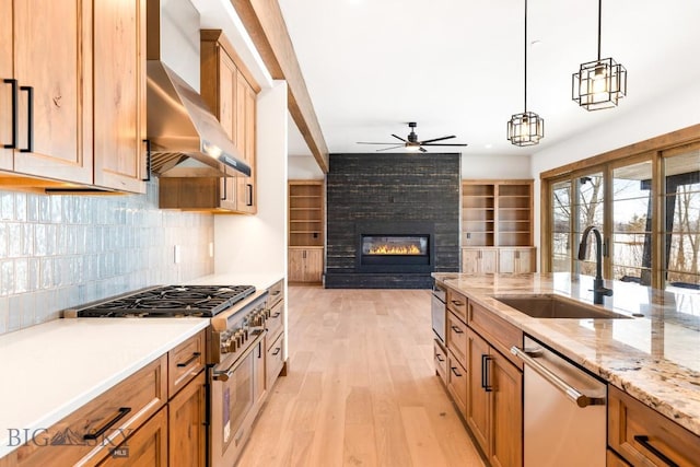 kitchen with stainless steel appliances, a sink, light wood finished floors, ceiling fan, and wall chimney range hood