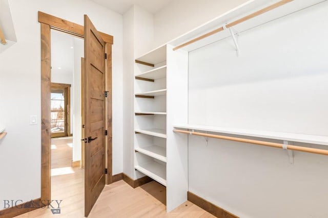 walk in closet with light wood finished floors