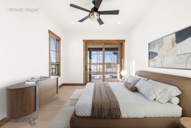 bedroom featuring recessed lighting, light wood-style flooring, a ceiling fan, and baseboards