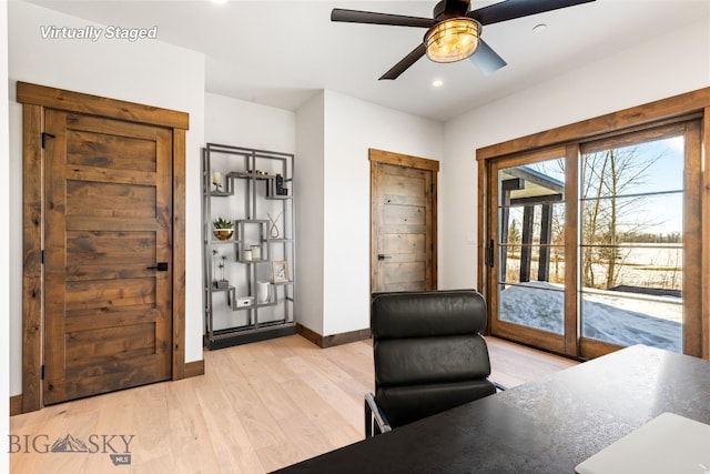 office with light wood finished floors, recessed lighting, baseboards, and a ceiling fan