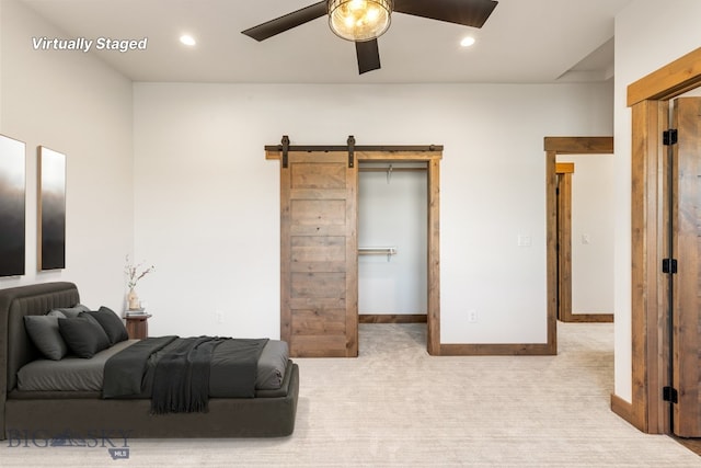 33 Leachman Ln, Bozeman, MT 59718 - bedroom featuring a barn door, carpet floors, recessed lighting, baseboards, and a ceiling fan