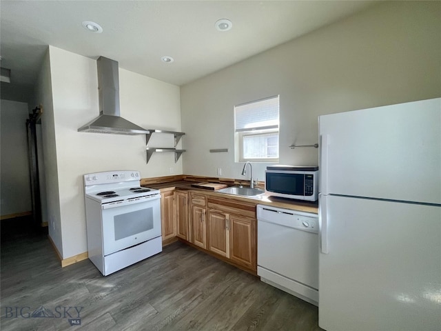 kitchen with a sink, wall chimney range hood, dark wood finished floors, white appliances, and open shelves