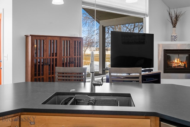 2465 Lasso Ave, Bozeman, MT 59718 - kitchen with dark countertops and a glass covered fireplace