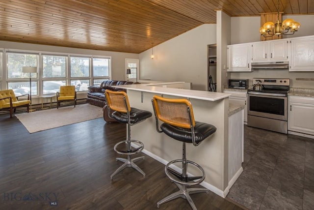 kitchen with under cabinet range hood, a breakfast bar area, light countertops, stainless steel range with electric stovetop, and white cabinetry