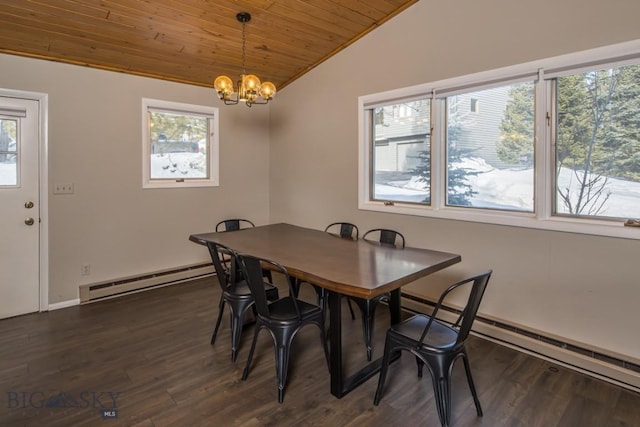 dining room with dark wood-style floors, wooden ceiling, a baseboard heating unit, and vaulted ceiling