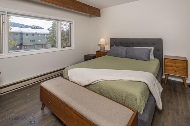 bedroom with dark wood-type flooring, beamed ceiling, and baseboard heating