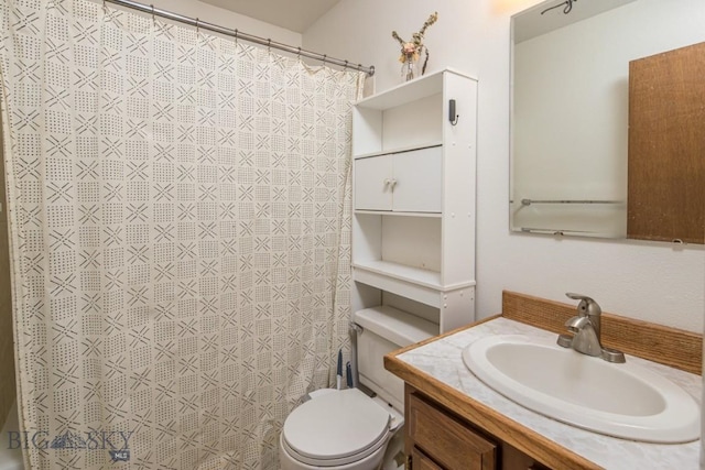 full bathroom with a shower with curtain, toilet, and vanity