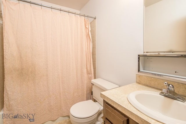 bathroom featuring vanity, toilet, and a shower with curtain