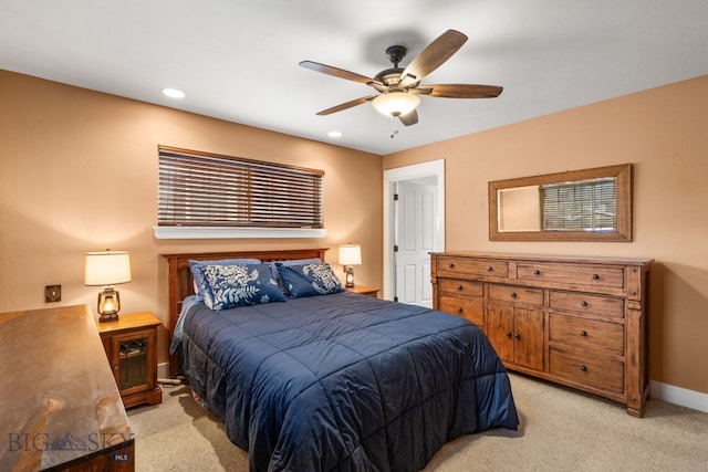 2236 Gallatin Green Blvd Unit C, Bozeman, MT 59718 - bedroom featuring light colored carpet, baseboards, recessed lighting, and a ceiling fan