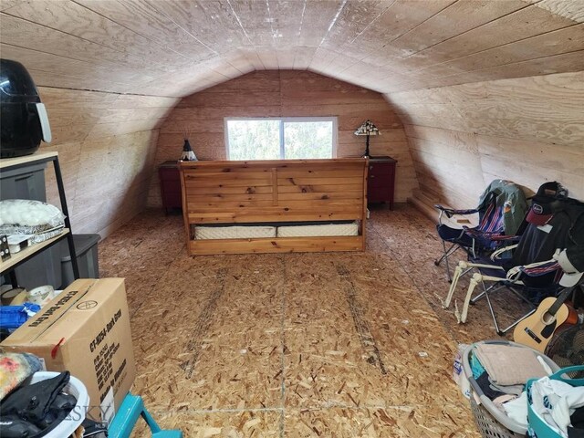 interior space with lofted ceiling and wooden walls