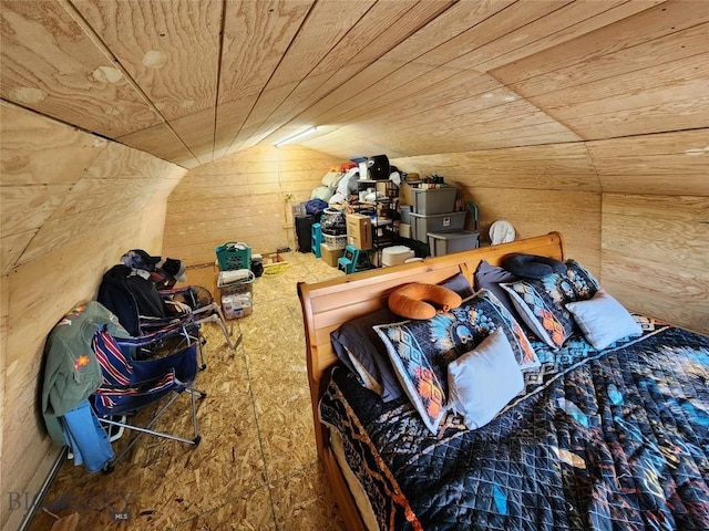 interior space featuring wooden ceiling, wooden walls, and vaulted ceiling