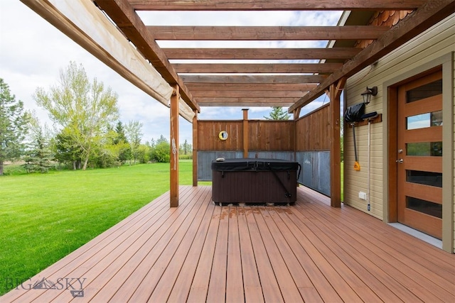175 Vandyke Rd, Bozeman, MT 59718 - wooden deck featuring a hot tub, a lawn, and a pergola