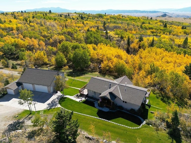 aerial view with a mountain view and a view of trees