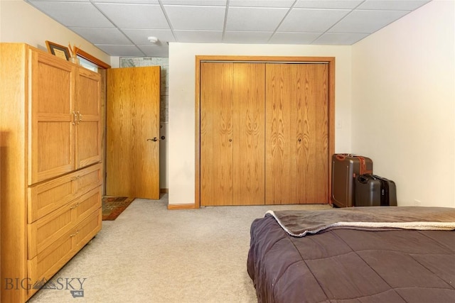 bedroom featuring light carpet, a drop ceiling, and a closet