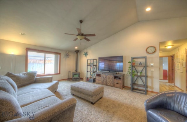 813 Pleiades Pl, Livingston, MT 59047 - living room featuring baseboards, recessed lighting, a ceiling fan, a wood stove, and lofted ceiling