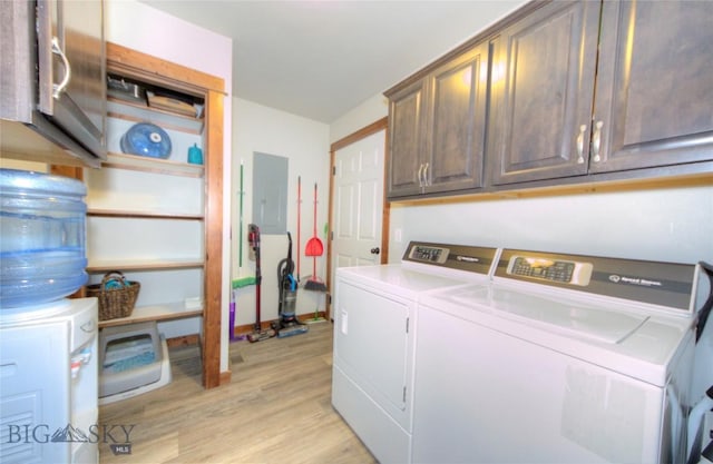 813 Pleiades Pl, Livingston, MT 59047 - washroom featuring electric panel, light wood finished floors, cabinet space, and washing machine and dryer