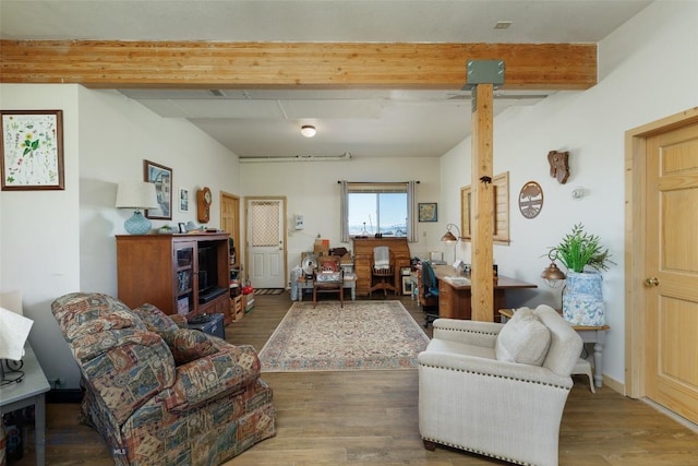 37 Bridger Meadow Ln, Emigrant, MT 59065 - living area with beamed ceiling and wood finished floors