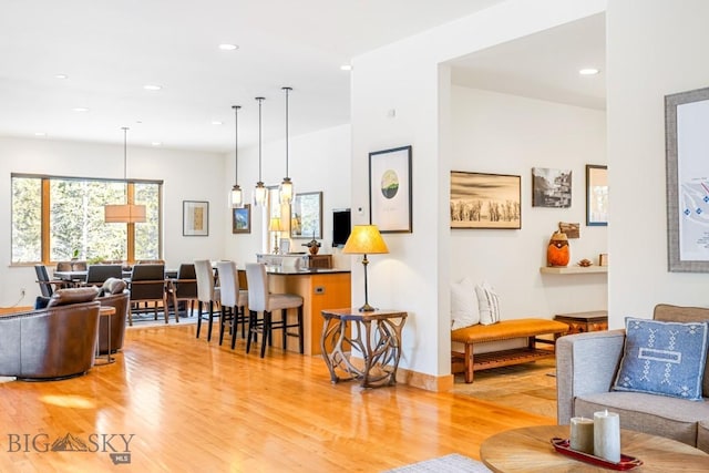214 W Pine Cone Ter, Big Sky, MT 59716 - living room featuring light wood-style flooring and recessed lighting