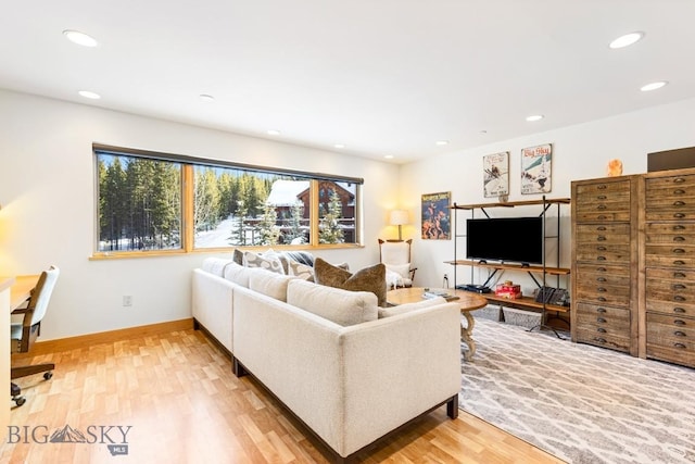 214 W Pine Cone Ter, Big Sky, MT 59716 - living room featuring light wood finished floors and recessed lighting