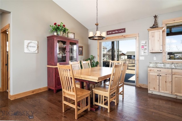 154 Nellie Ct, Manhattan, MT 59741 - dining room featuring lofted ceiling, baseboards, dark wood-style flooring, and a chandelier