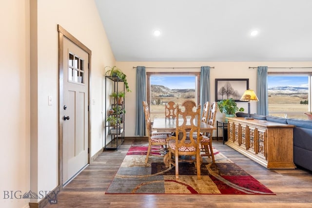 83 Sky Vw, Ennis, MT 59729 - dining area featuring vaulted ceiling, wood finished floors, and recessed lighting