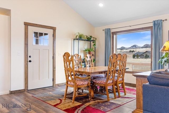 83 Sky Vw, Ennis, MT 59729 - dining room featuring a mountain view, wood finished floors, lofted ceiling, baseboards, and recessed lighting