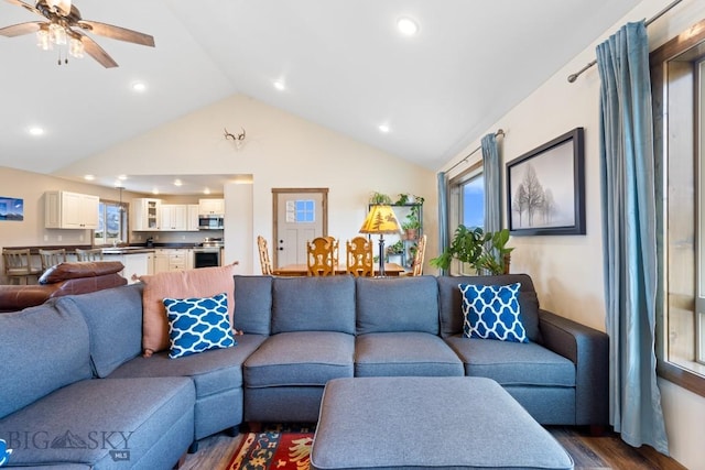 83 Sky Vw, Ennis, MT 59729 - living area with vaulted ceiling, plenty of natural light, dark wood-style floors, recessed lighting, and ceiling fan