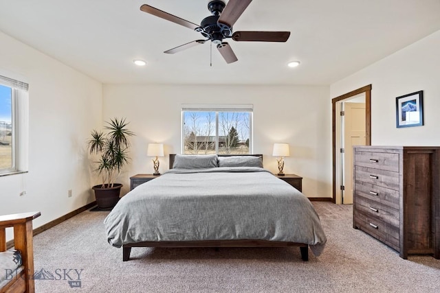 83 Sky Vw, Ennis, MT 59729 - bedroom with light carpet, baseboards, ceiling fan, and recessed lighting