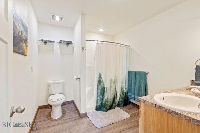 83 Sky Vw, Ennis, MT 59729 - full bath featuring wood finished floors, toilet, curtained shower, baseboards, and double vanity