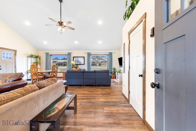 83 Sky Vw, Ennis, MT 59729 - living room with wood finished floors, ceiling fan, recessed lighting, and high vaulted ceiling