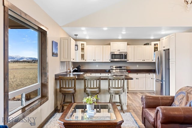 83 Sky Vw, Ennis, MT 59729 - kitchen with appliances with stainless steel finishes, a peninsula, vaulted ceiling, dark countertops, and glass insert cabinets