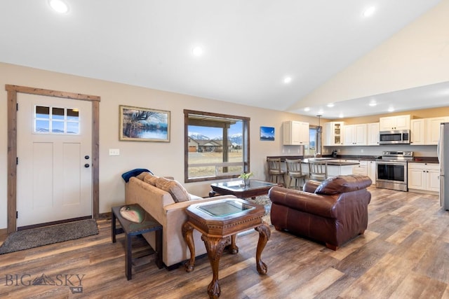 83 Sky Vw, Ennis, MT 59729 - living room with light wood-type flooring, recessed lighting, and high vaulted ceiling