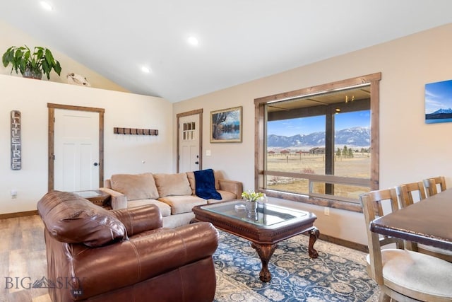 83 Sky Vw, Ennis, MT 59729 - living room with baseboards, wood finished floors, vaulted ceiling, recessed lighting, and a mountain view