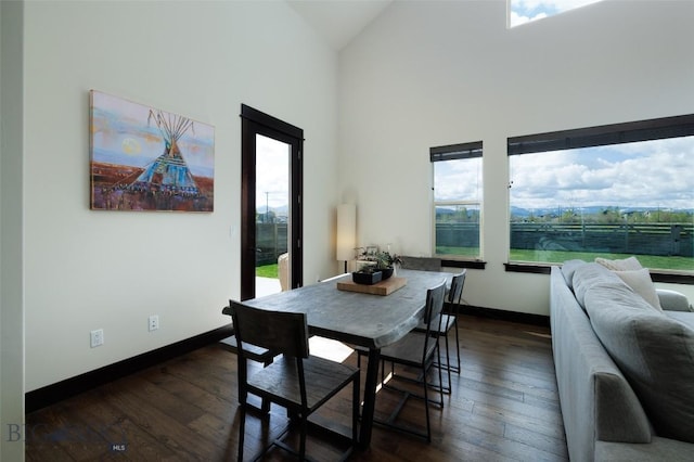 4156 Sunstone St, Bozeman, MT 59718 - dining room featuring baseboards, dark wood-style floors, high vaulted ceiling, and plenty of natural light