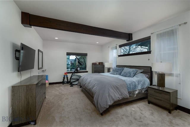 4156 Sunstone St, Bozeman, MT 59718 - bedroom with light colored carpet, beamed ceiling, recessed lighting, and baseboards
