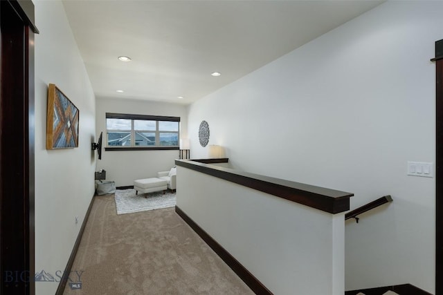 4156 Sunstone St, Bozeman, MT 59718 - corridor with baseboards, an upstairs landing, carpet floors, and recessed lighting