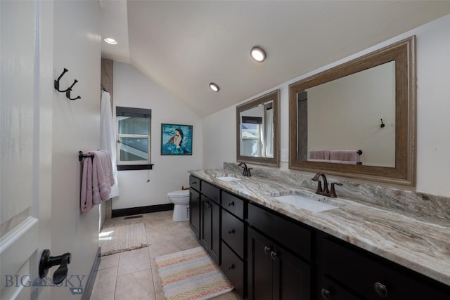 4156 Sunstone St, Bozeman, MT 59718 - full bath with lofted ceiling, a sink, toilet, and double vanity