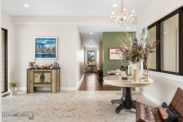676 Tillyfour, Bozeman, MT 59718 - hallway with a chandelier, recessed lighting, baseboards, and parquet floors