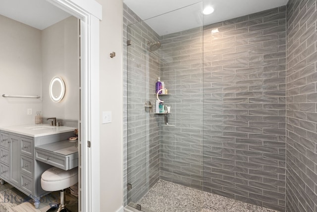 676 Tillyfour, Bozeman, MT 59718 - bathroom featuring a stall shower, vanity, and recessed lighting
