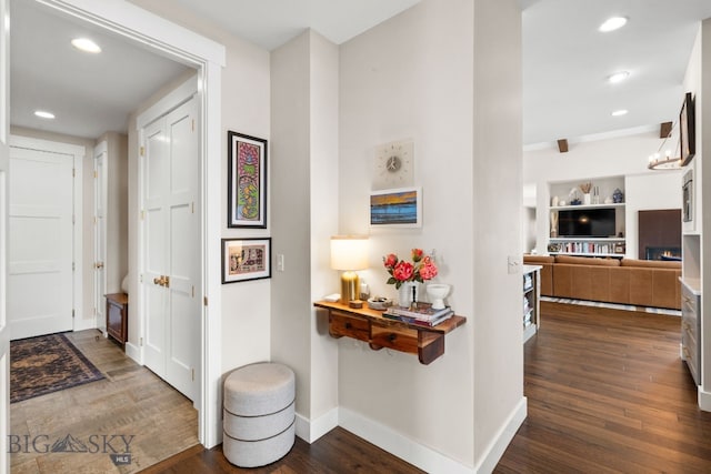 676 Tillyfour, Bozeman, MT 59718 - hallway featuring dark wood-style flooring and recessed lighting