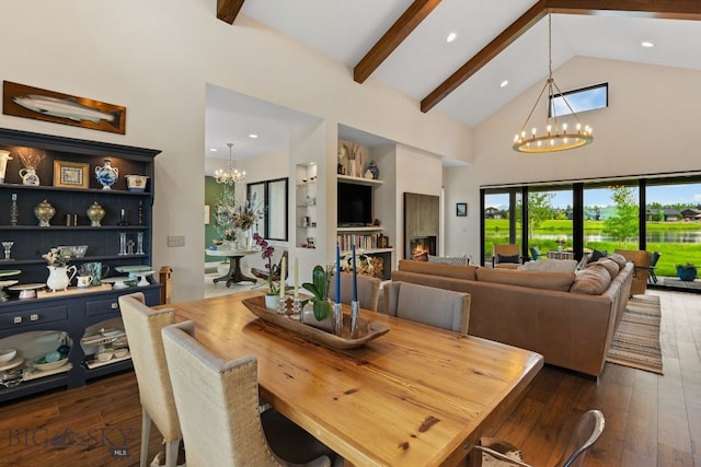 676 Tillyfour, Bozeman, MT 59718 - dining room with a chandelier, dark wood finished floors, beamed ceiling, high vaulted ceiling, and recessed lighting