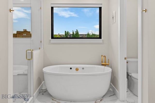 676 Tillyfour, Bozeman, MT 59718 - bathroom featuring marble finish floors, healthy amount of natural light, and a freestanding bath