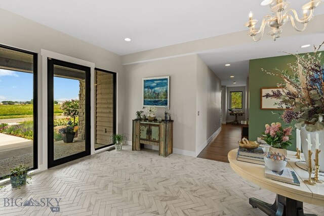 676 Tillyfour, Bozeman, MT 59718 - corridor with a chandelier and recessed lighting